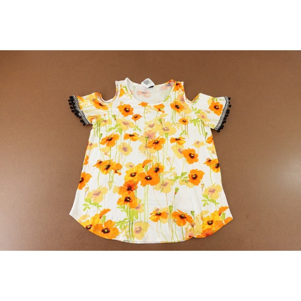 Shiela Rose‎ Women's Size Large Gold Floral Short Cold Shoulder Pullover Top NWT